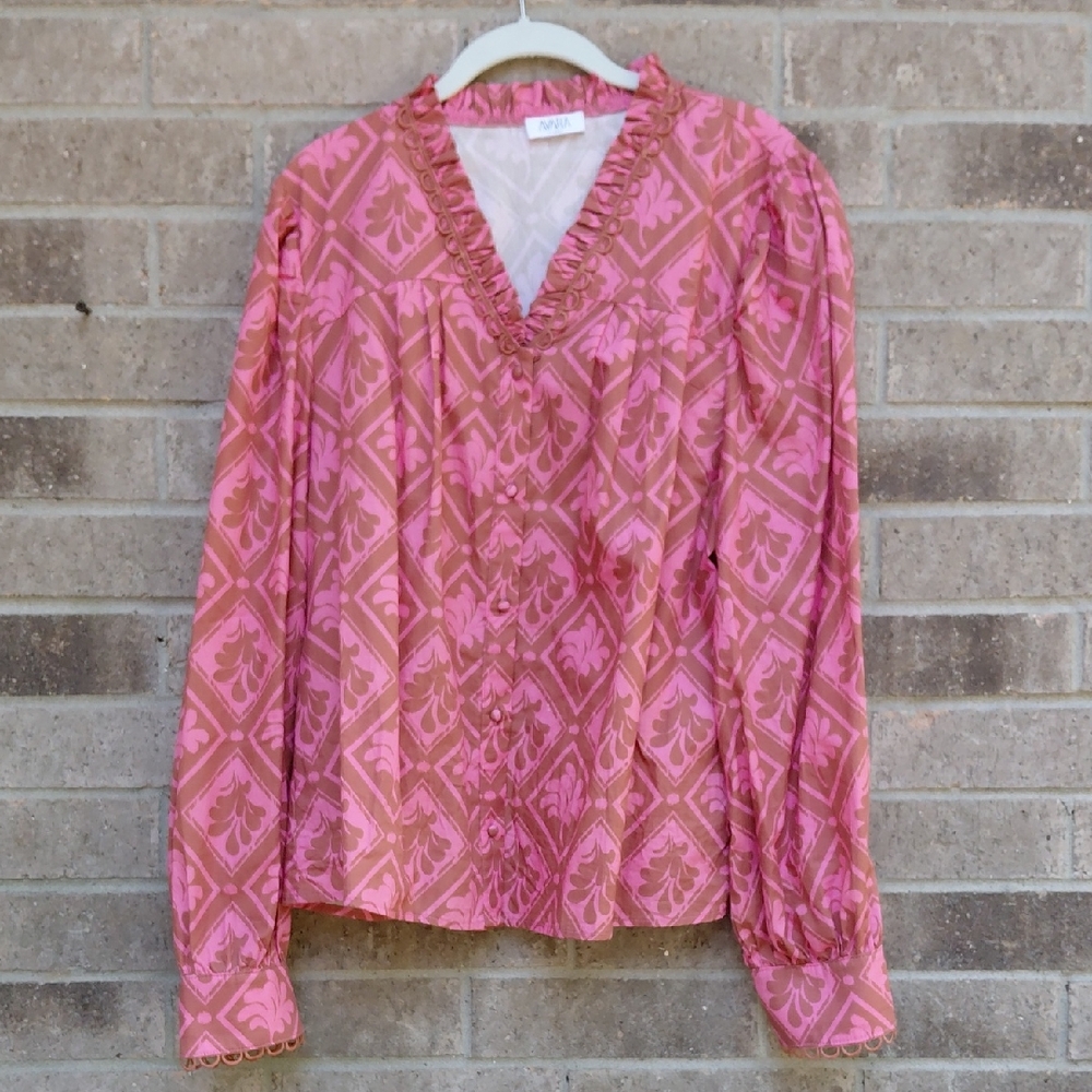 Pink Patterned V-Neck Blouse with Ruffle Trim